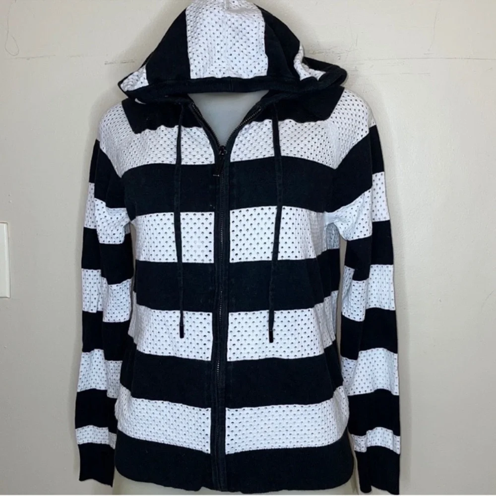 MICHAEL Michael Kors Black White Striped Open Knit Zip Up Hoodie M